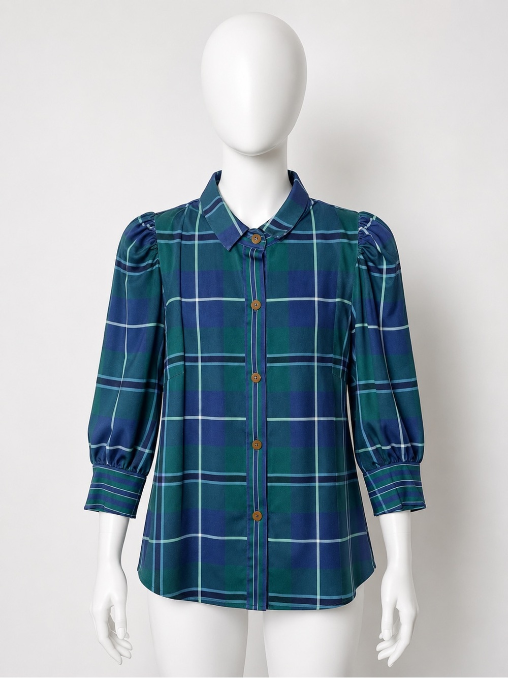 Gretchen Scott Designs Blue and Green Plaid Puff-Sleeve Button-Down